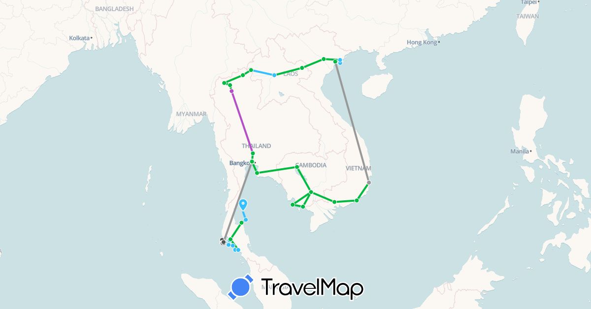 TravelMap itinerary: driving, bus, plane, cycling, train, boat, motorbike in Cambodia, Laos, Thailand, Vietnam (Asia)